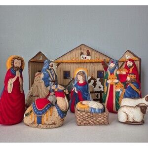 Vintage Handmade Cloth Fabric 9 Piece Nativity Scenery Stuffed Plush Dolls
